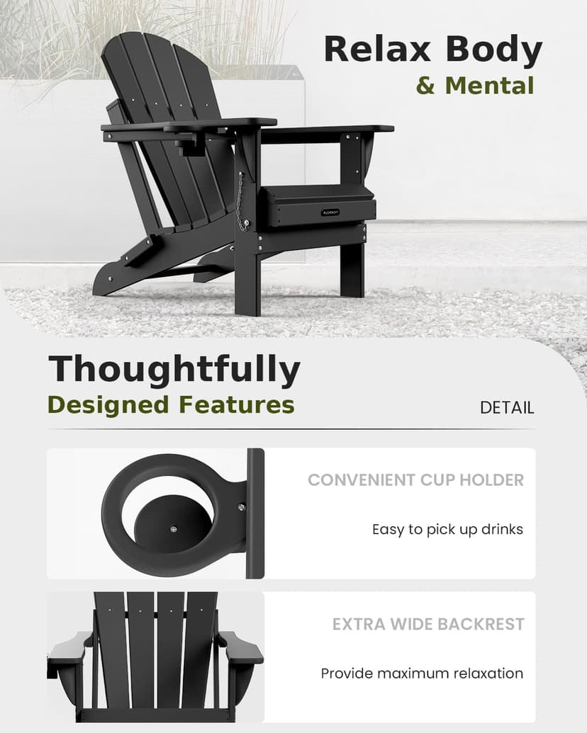 MUCHENGHY Folding Adirondack Chairs Patio Chairs Outdoor Adirondack Chair Weather Resistant Chair for Patio, Outside, Deck, Backyard, Fire Pit Chair, Campfire Chairs (Black)