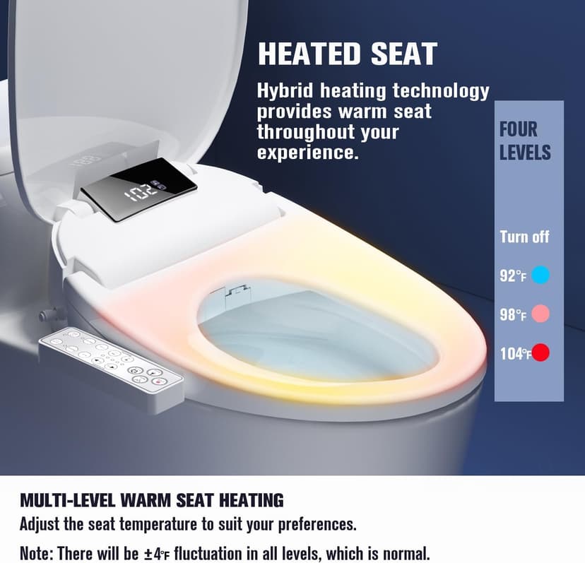 Upgrade Bidet Toilet Seat Elongated, Rear and Feminine Wash, Unlimited Warm Water, Heated Seat, Warm Air Drying, Soft Close Lid, Sense Seat, Smart Bidet Seat Elongated Requires Electricity