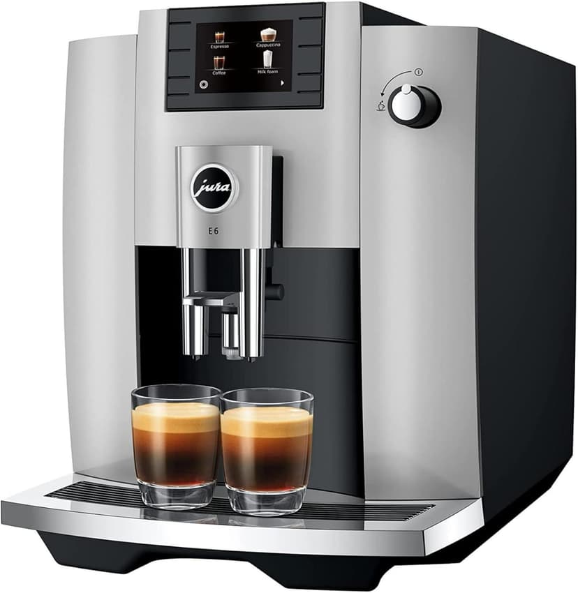 Jura E6 Automatic, Affordable Espresso Machine with Programmable Coffee Strength (Platinum) Bundle with Smart Filter Cartridge, Cleaning Tablets, Coffee Beans Bag, and Glass Milk Container (5 Items)