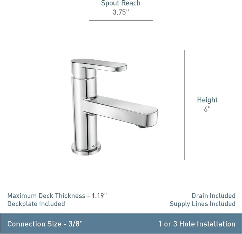 Moen Laris Chrome One-Handle Single Hole Modern Bathroom Sink Faucet with Optional Deckplate and Spring Loaded Drain Assembly, 84014
