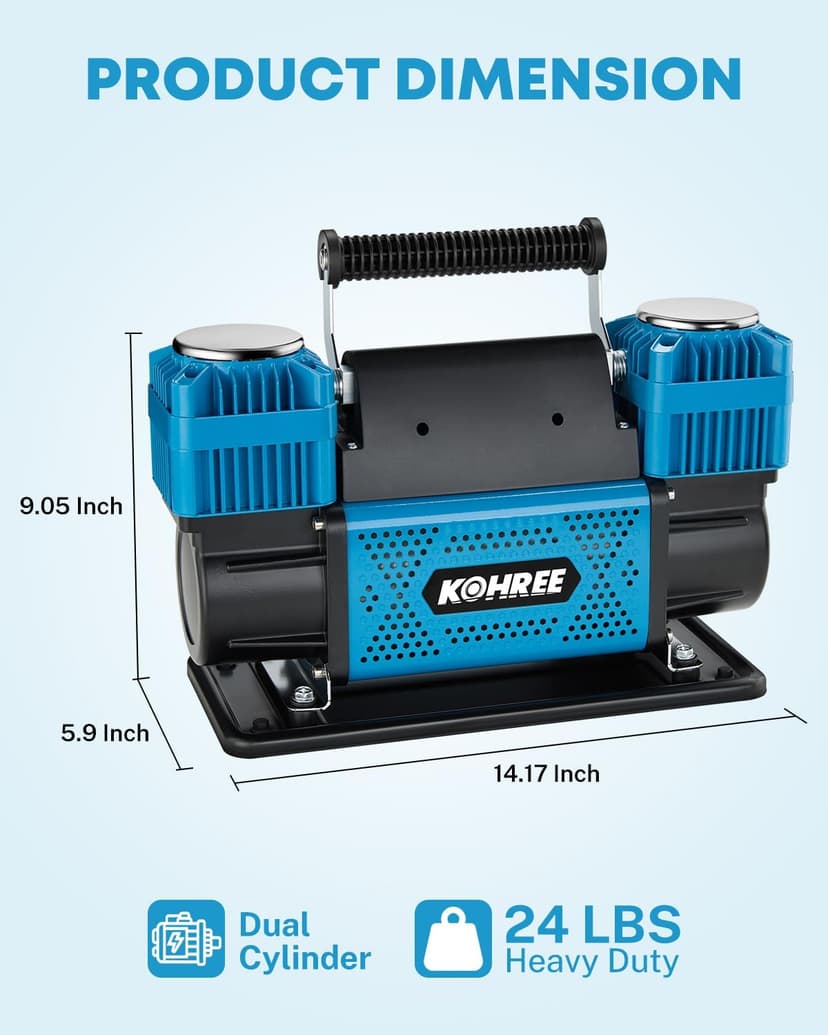 Kohree 12V Dual Cylinder Air Compressor, 12.35 ft³/Min Fast Tire Inflator, Portable Heavy Duty Tire Pump with Max 150 PSI for Offroad Truck, RV, 4x4 Vehicles