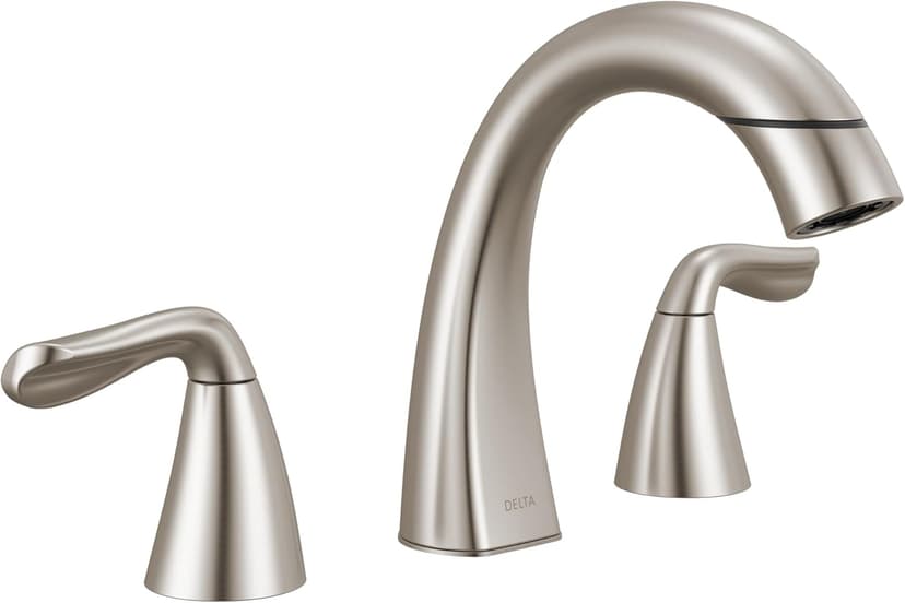 Delta Arvo Brushed Nickel Bathroom Faucet with Sprayer, 8 Inch 3 Hole Widespread Bathroom Sink Faucet with Pull Out Sprayer, Push-Pop Drain, SpotShield Stainless 35840LF-SPPD