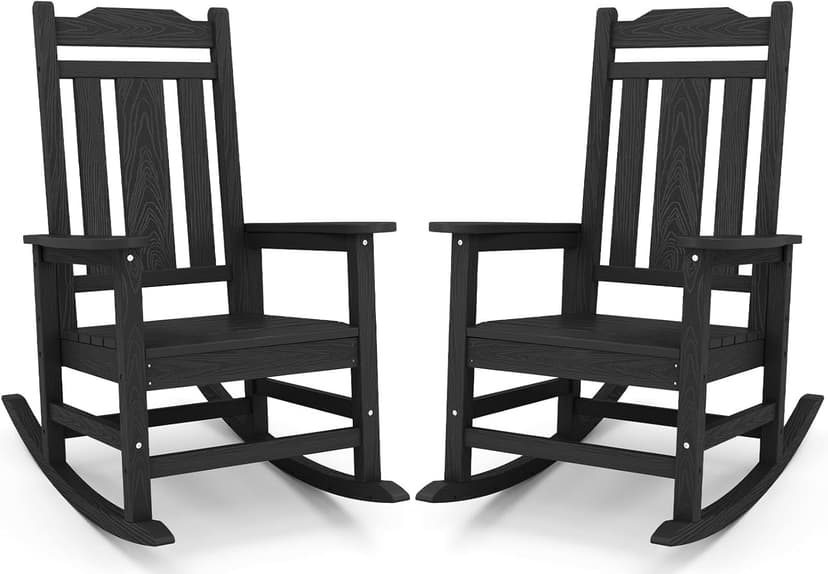 SERWALL Black Outdoor Rocking Chair Set of 2, All Weather Patio Rocking Chair, HDPE Poly Rocking Chair for Adults, Heavy Duty Front Porch Rocker