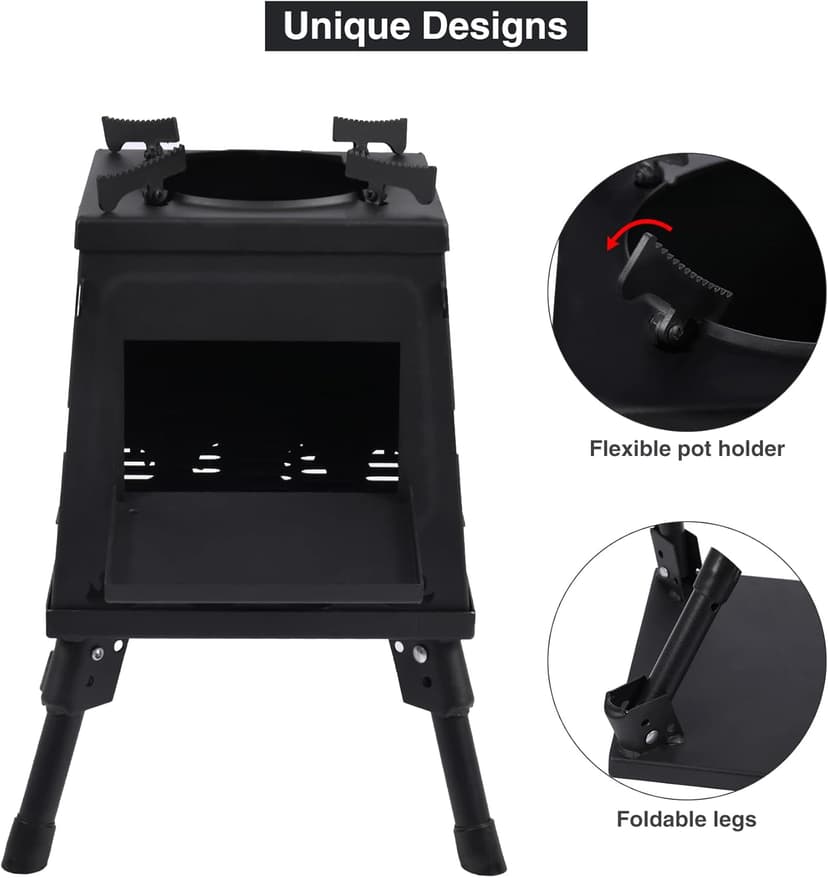 Lineslife Wood Burning Camp Stove, Portable Cast Iron Camping Wood Stove, Black Woodstove with Carrying Case for Backpacking Outdoor Cooking