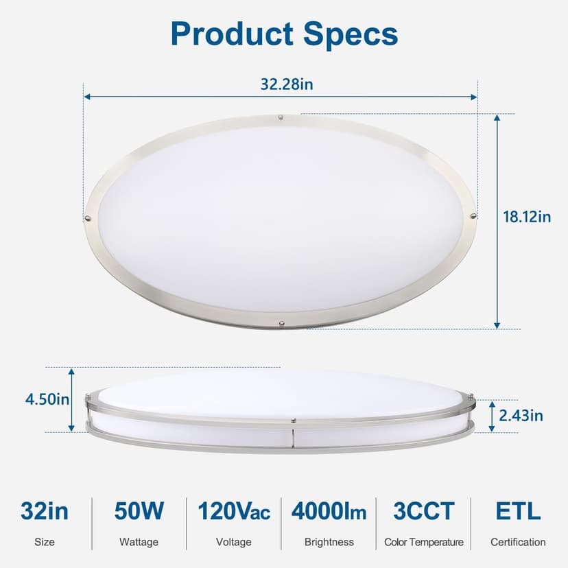 DAKASON 32In Oval LED Flush Mount Light for Kitchen/Living Room, 50W Large LED Ceiling Light Fixture, 3500K/4000K/5000K Adjustable, Dimmable for Dining Room/Bedroom