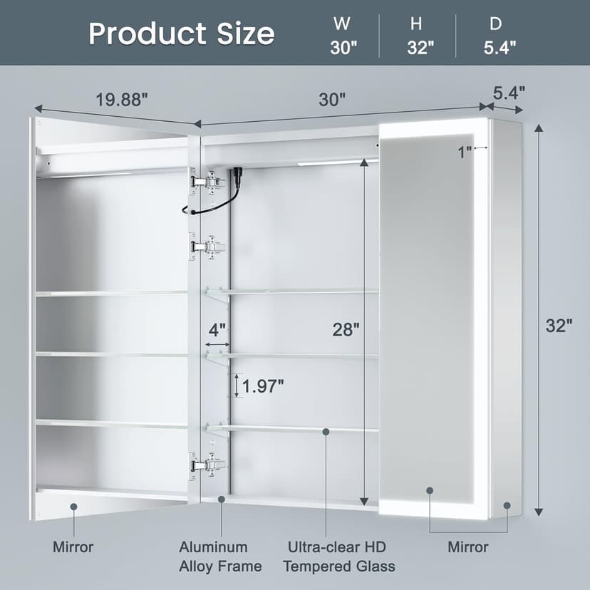30x32 Inch Lighted Medicine Cabinet, AL Alloy Frame, Plug-in or Hardwired, Recessed or Wall Mount, Mirror Doors/3 Colors/Dimmable/Interior Sensor Light/Anti-Fog, 2 Outlets &USBs, 3 Shelves