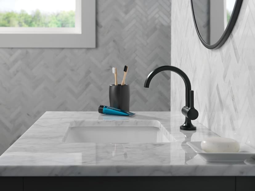 Delta Faucet Albion Single Hole Bathroom Faucet, Matte Black Single Handle Bathroom Faucet, Bathroom Sink Faucet, Metal Push Pop-Up Drain Assembly, 1.2 GPM Flow Rate, Matte Black 15855LF-BL