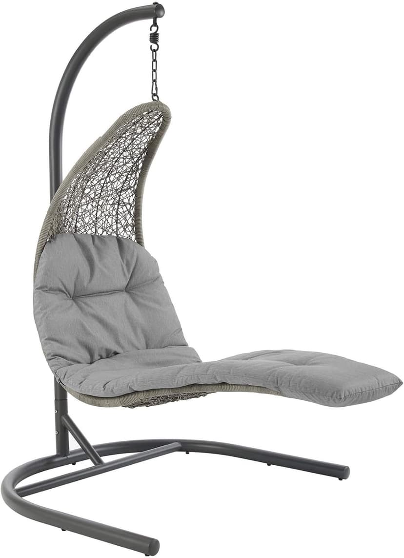 Modway Landscape Wicker Rattan Outdoor Patio Porch Chaise Lounge Hanging Swing Chair Set with Stand in Light Gray Gray