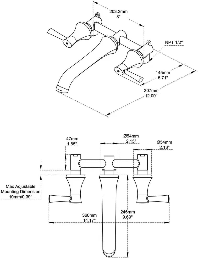 Tub Faucet Wall Mount Roman Tub Filler Black Brass Bathtub Faucets with 2 Handles