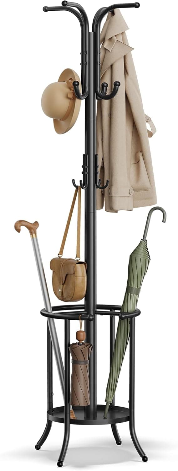 SONGMICS Coat Rack Freestanding, Coat Rack with Umbrella Holder with 12 Hooks, for Entryway, Hallway, Living Room, Bedroom, Ink Black URCR011B01