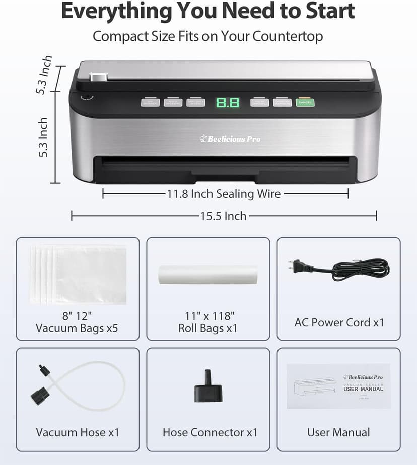PressFree TRUE-Auto Vacuum Sealer Machine, Beelicious 85KPA Fully Automatic 8-IN-1 Food Sealer with Bags Storage, Build-in Cutter, Moist Mode and Air Suction Hose | Digital Countdown | Sous Vide