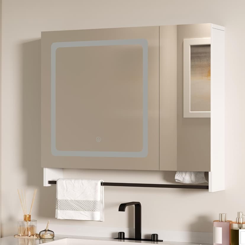 ChooChoo Lighted Bathroom Medicine Cabinet with Mirror, Wall-Mounted Bathroom Wall Cabinet with Mirror Doors, LED Lights, Adjustable Shelves, Towel Bar, White