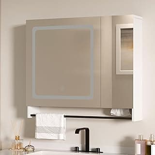 ChooChoo Lighted Bathroom Medicine Cabinet with Mirror, Wall-Mounted Bathroom Wall Cabinet with Mirror Doors, LED Lights, Adjustable Shelves, Towel Bar, White