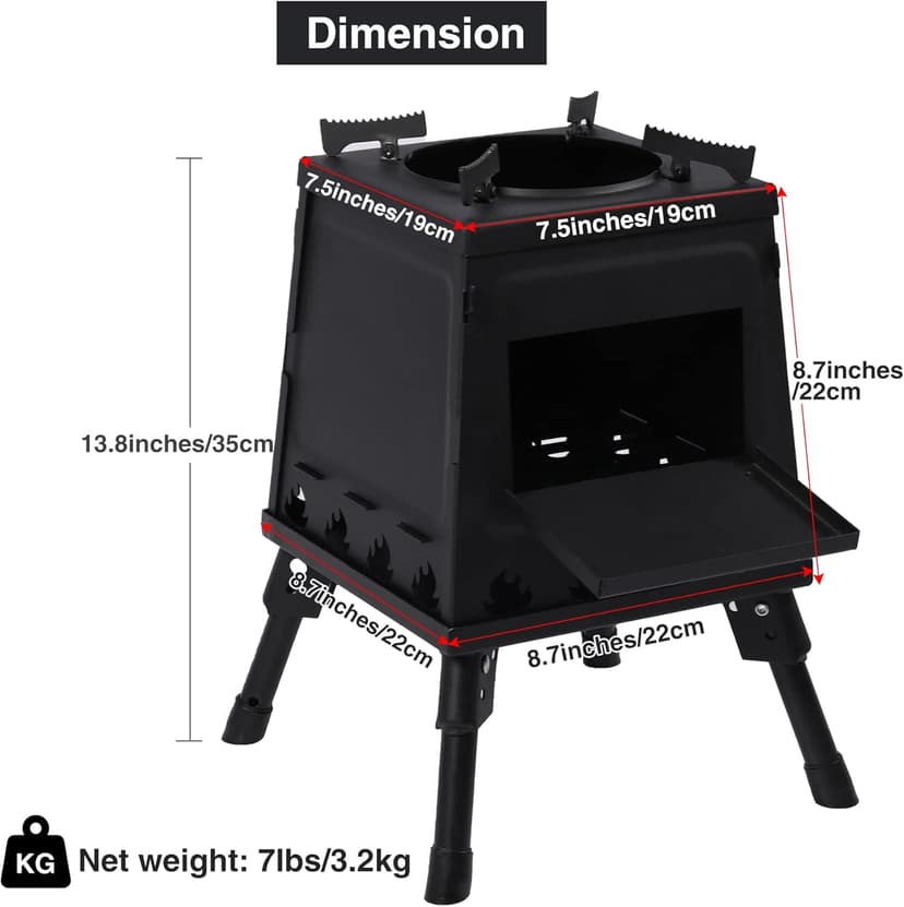 Lineslife Wood Burning Camp Stove, Portable Cast Iron Camping Wood Stove, Black Woodstove with Carrying Case for Backpacking Outdoor Cooking