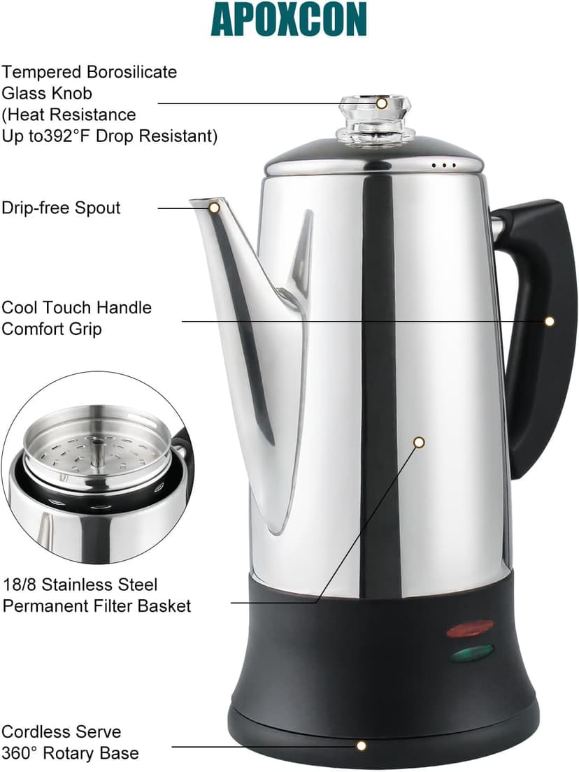 Electric Coffee Percolator Stainless Steel Coffee Maker with Two Heat Resistant Tough Glass Clear Brew Progress Knob Classic Look Keep Warm & Cordless Serving Coffee Pot 12 Cup