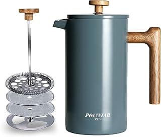 POLIVIAR French Press Coffee Maker, 34 oz Coffee Press with Real Wood Handle, Double Wall Insulation & Dual-Filter Screen, Food Grade Stainless Steel for Good Coffee and Tea (Alpline)