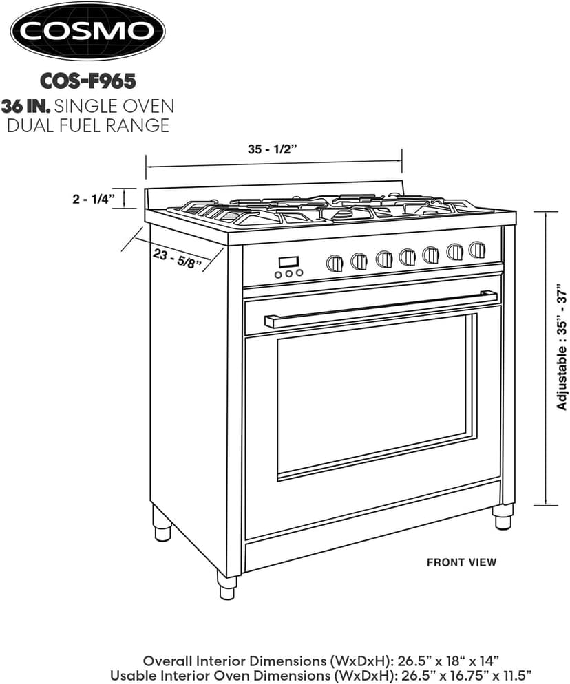 COSMO F965 36 in. Stellar Collection 3.8 cu. ft. Dual Fuel Range, 5 Sealed Burners, 8 Function Convection Oven in Stainless Steel