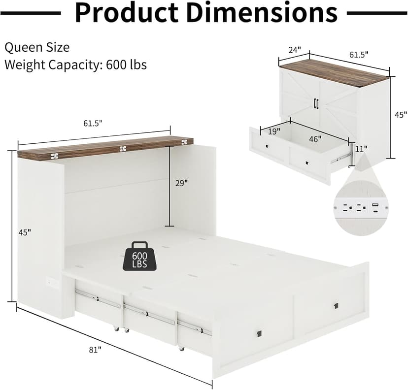 Queen Size Murphy Bed with Charging Station, Cabinet Bed with Large Storage Drawer for Home Office or Small Room, Hideaway Full Foldable Platform Bed, Barnwood+White