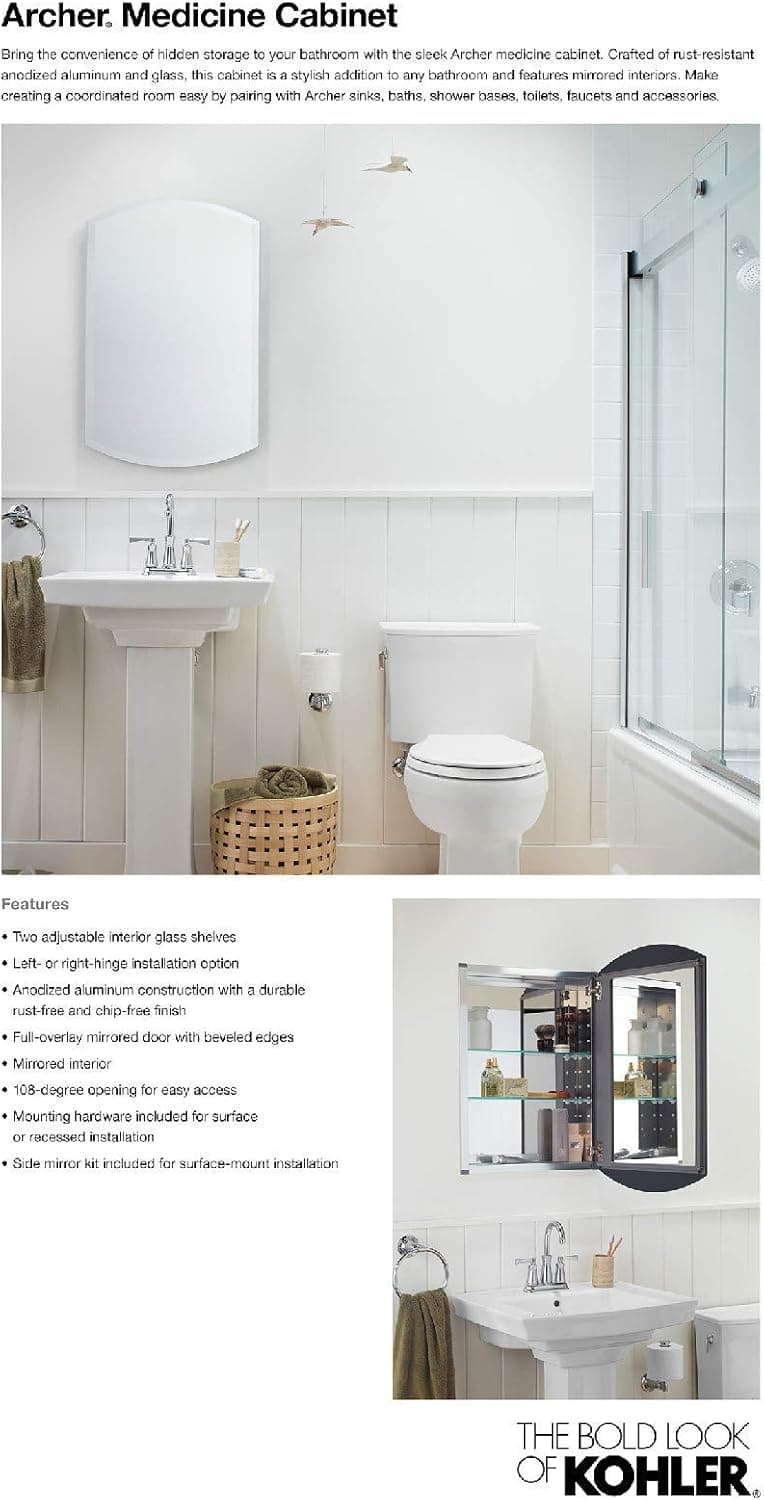 KOHLER 3073-NA Archer 20" W x 31" H Aluminum Single-Door Bathroom Medicine Cabinet with Mirror, Recessed or Surface Mount Bathroom Wall Cabinet, Beveled Edges