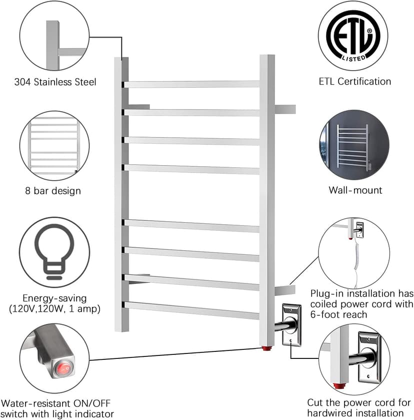 HEATGENE Towel Warmer, Heated Towel Warmer Rack, Wall-Mounted Hardwired/Plug-in Electric Towel Warmers for Bathroom, Hot Towel Rails - Mirror Polish