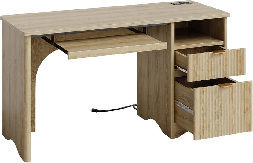 Bestier Computer Desk with Keyboard Tray, 55 inch Office Desk with Power Outlet, Modern Home Office Desk with File Drawer (Natual Oak, 55" W with Single-Sided Drawers)