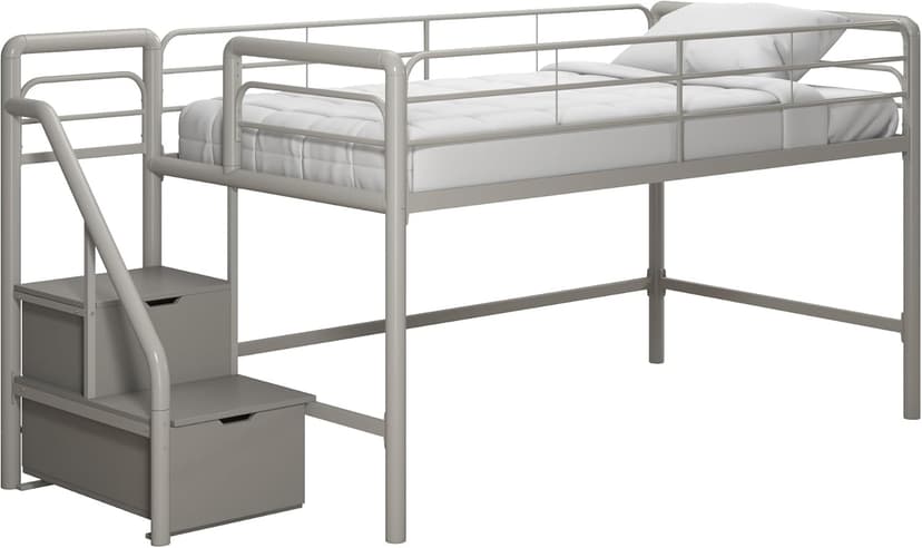 DHP Junior Twin Metal Loft Bed with Storage Steps, Multifunctional Space-Saving Solution - Silver with Gray Steps