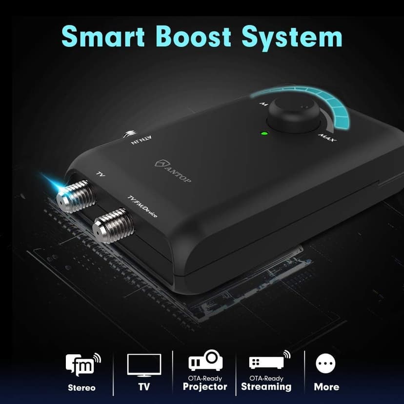 Antop HD Smart Boost Antenna Amplifier,TV Antenna Amplifier Signal Booster, HDTV Booster with Dual Outputs for 2 TVs, HD Digital VHF UHF FM Amplifier,Compatible with Any Non-Amplified Antennas
