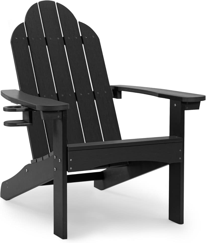LUE BONA HDPS Adirondack Chairs Set of 4, Fire Pit Outdoor Chair Weather Resistant with Cup Holder, Modern Plastic Chair Plastic for Patio, Deck, Proch, Hotel, Resort, 350LBS, Black