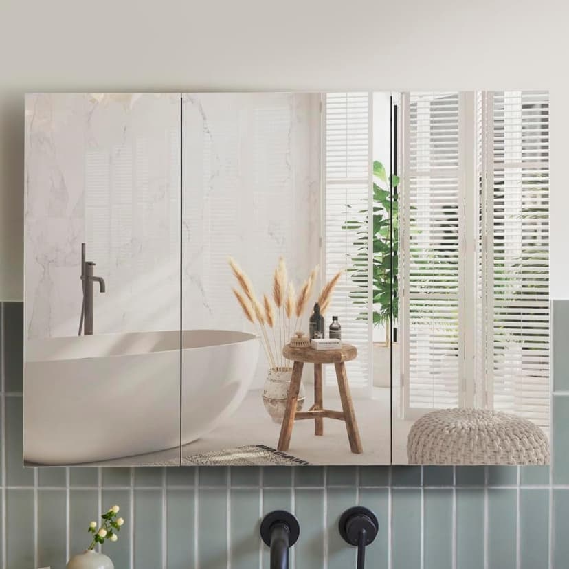Movo 40 Inch x 28 Inch Black Bathroom Mirror Medicine Cabinet, Frameless Large Wall Mount Medicine Cabinet with 3 Doors,Rmovable Shelves