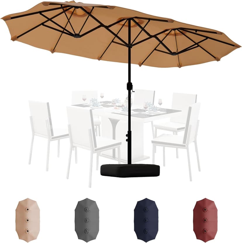 Shintenchi 13FT Large Patio Umbrella with Base, Outdoor Double-Sided Rectangular Shade with Crank Handle for Poolside Lawn Garden, Khaki