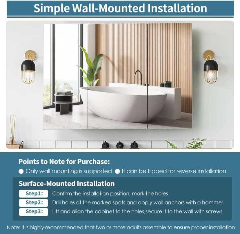 Movo 40 Inch x 28 Inch Black Bathroom Mirror Medicine Cabinet, Frameless Large Wall Mount Medicine Cabinet with 3 Doors,Rmovable Shelves