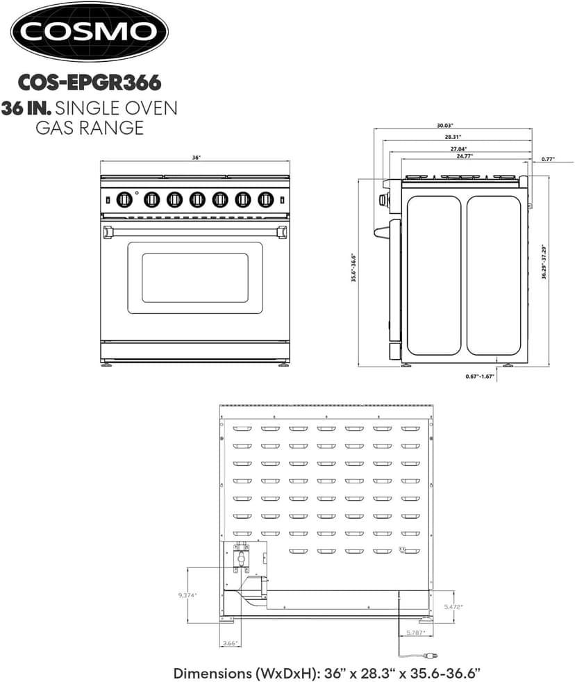 COSMO COS-EPGR366 36 in. Haven Collection 6.0 cu. ft. Gas Range, 6 Burners, Convection Oven, Knob LEDs, Storage Drawer, Stainless Steel