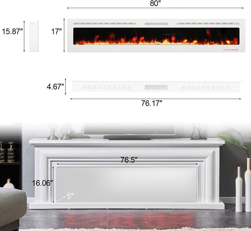 80" Electric Fireplace Wall Mounted & Recessed with Remote, 750w/1500w Ultra-Thin Wall Fireplace Inserts, Electric Fire Place W/8H Timer, Adjustable Flame Colors and Brightness Silent