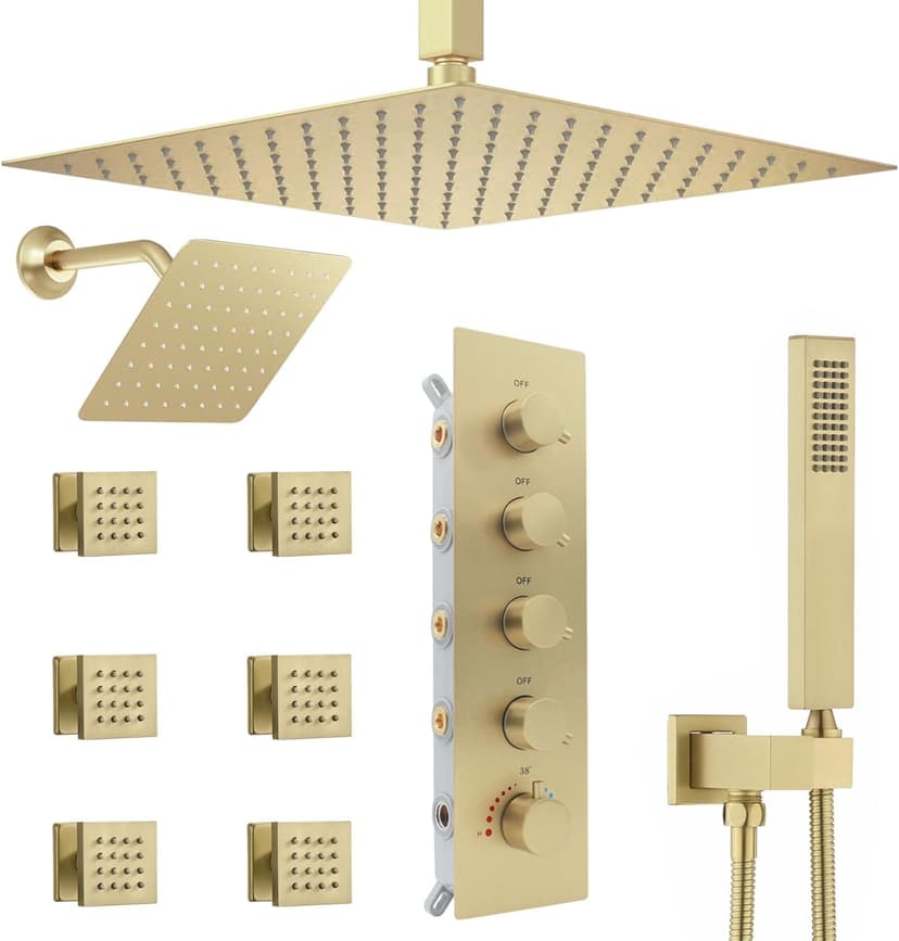 Thermostatic Shower System Dual Shower Heads with 16" Ceiling Mounted Rain Shower Head & 6" Wall Mounted Head 4 Function Shower System with body jets Can All Run Together, Brushed Gold