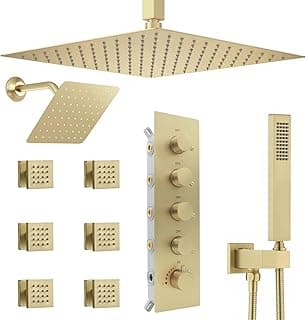 Thermostatic Shower System Dual Shower Heads with 16" Ceiling Mounted Rain Shower Head & 6" Wall Mounted Head 4 Function Shower System with body jets Can All Run Together, Brushed Gold