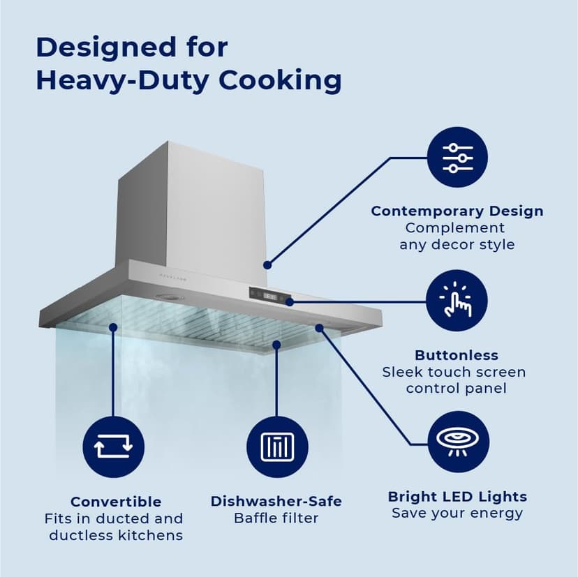 Hauslane 30” Wall Mount Range Hood Low Noise Performance Contemporary Design, Full-Size Handle Professional-Grade Baffle Filters, LED Lamps, Stainless Steel Chef Series WM-540 Ducted or Ductless