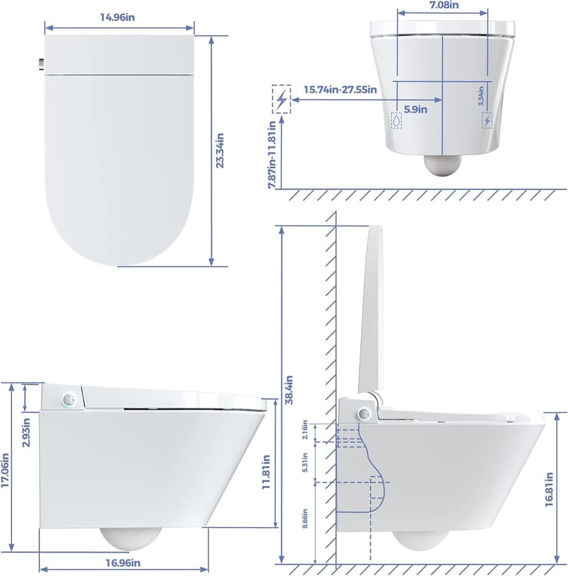 HOROW Luxury Wall Mounted Bidet Toilet with Instant Warm Water, Smart Toilet with Auto Open Lid, Heated Seat, Dryer, Modern Toilet, White Rear Discharge Toilet without Toilet Tank Carrier