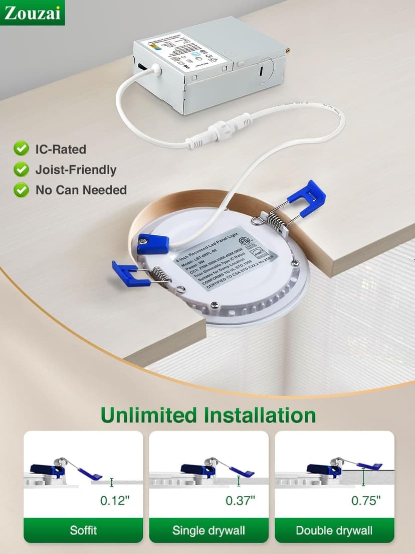 zouzai 24 Pack 6 Inch Ultra-Thin LED Recessed Ceiling Light with Junction Box 5CCT Adjustable Dimmable Can-Killer Downlight - ETL and Energy Star Certified (24 Pack,5CCT, 6 Inch)