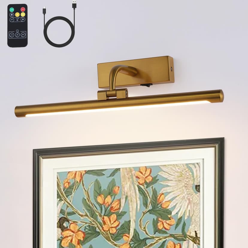 Battery Picture Light 3W 16” Wireless Art Lights for Paintings Brass Gold Rechargeable Gallery Light 3CCT Display Light with Remote and Timer Dimmable Wall Light for Portrait Dartboard Canvas