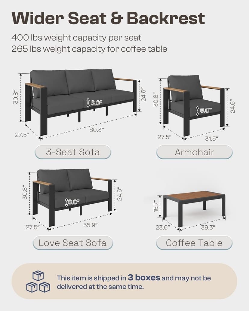 Aluminum Outdoor Patio Furniture Set with Coffee Table, 4 Piece Patio Conversation Sets with Washable Thick Cushions, Patio Sectional Furniture Set for Porch, Balcony, Deck, Graphite