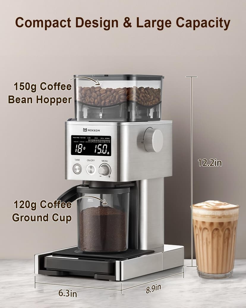 MOKKOM Coffee Grinder with Removable Coffee Scale via Bluetooth Connectivity, Anti-static Conical Burr Coffee Bean Grinder, 31 Precise Settings for French Press/Cold Brew/Pour Over/Drip/Espresso