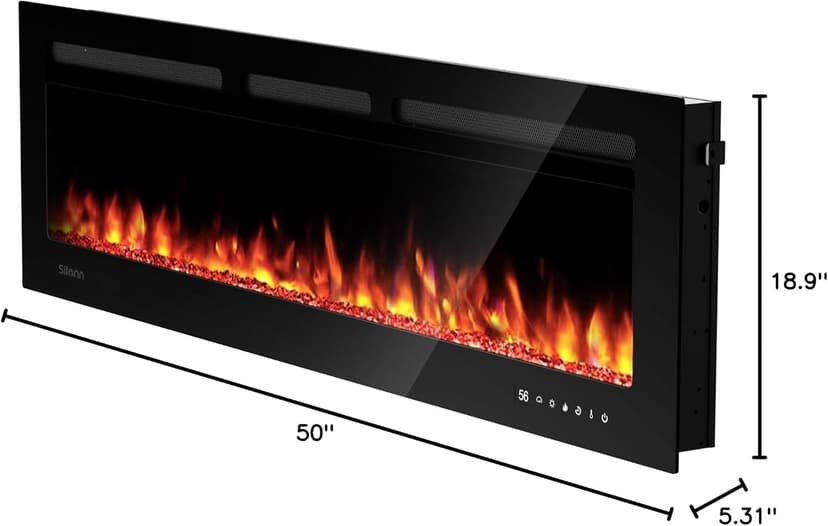 Silonn 50″Smart Electric Fireplace Heater with App & Remote Control, 5300 BTU Heat Output, Ultra-Slim Wall-Mounted or Recessed Electric Fireplace Inserts with Timer, 20 Flame Colors,WiFi Enabled