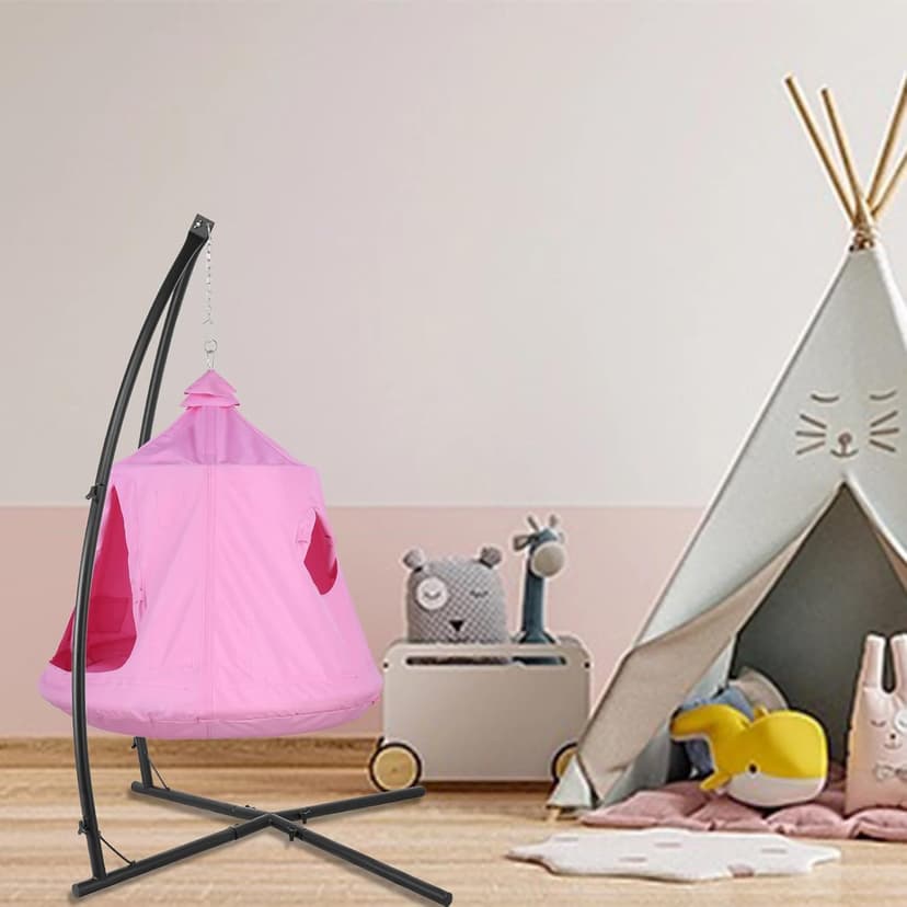 AthLike X-Shaped Hanging Tree Tent w/Swing Chair,Hammock Chair Stand Canopy w/Steel Frame,Indoor Outdoor Egg Basket Patio Seat w/Adjustable Solid Stand,Bedroom Porch Balcony Garden 330lb(Pink)