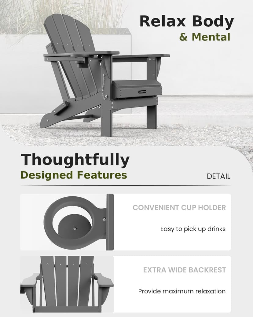 MUCHENGHY Folding Adirondack Chairs HDPE Weather Resistant 4 Pack, Patio Firepit Chairs, Sturdy Outside Chairs, Lawn Chairs, 15min Assembly 380lb Grey
