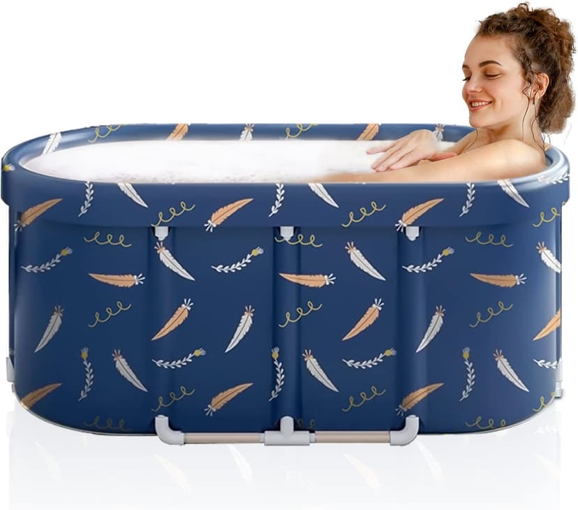 Portable Bathtub,Foldable Freestanding Bathtub,Japanese Soaking Tub,Shower Stall Tub,Bathroom Folding SPA Bath For Adults, Boys & Girls,Outdoor/Indoor Hot Ice Bath,47 Inch,Blue,PVC & Al Alloy