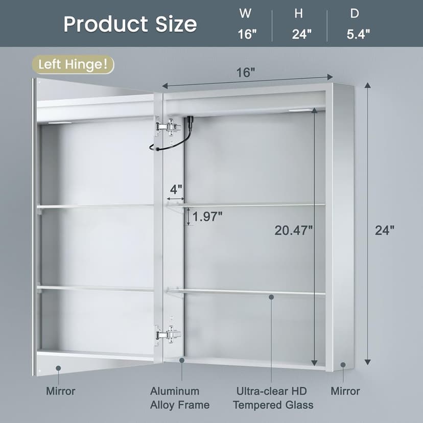 16x24 Inch Medicine Cabinet with Lights, Lighted Medicine Cabinet with Mirror, AL Alloy Frame, Hardwired, Recessed or Wall Mount, 3 Light Colors/Dimmable/Defog,2 Outlets&USBs, 2 Shelves