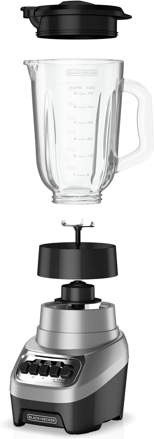 BLACK+DECKER PowerCrush Countertop Blender, 6-Cup Glass Jar, For Smoothies and More, Stainless Steel Blade, 4 Speed Settings to Puree, Crush Ice, Chop, Dice, and Pulse, Dishwasher Safe, 700W Motor