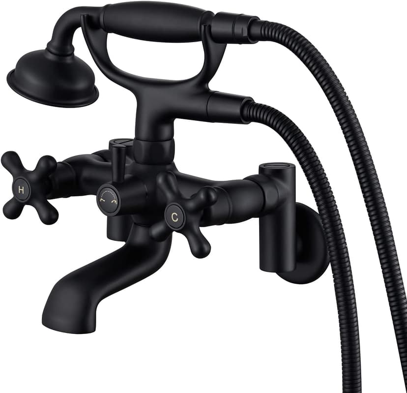 Wall Mount Tub Faucet with Hand Shower 3 to 10in Center Vintage Matte Black Wall Mount Tub Filler Bathtub Faucet Set with Shower Diverter with Valve 8 in Center
