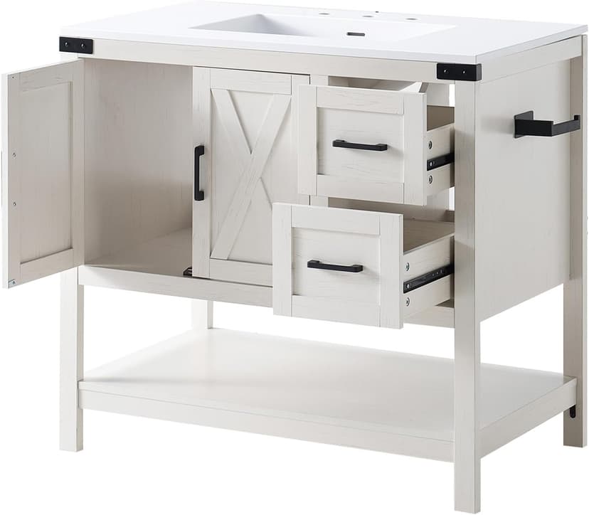 AMERLIFE 36" Farmhouse Bathroom Vanity with Sink Combo, Wood Barn Door Freestanding Small Single Bath Storage Cabinet Set with Sliding Drawers & Open Shelf, Paper Towel Holder, Antique White