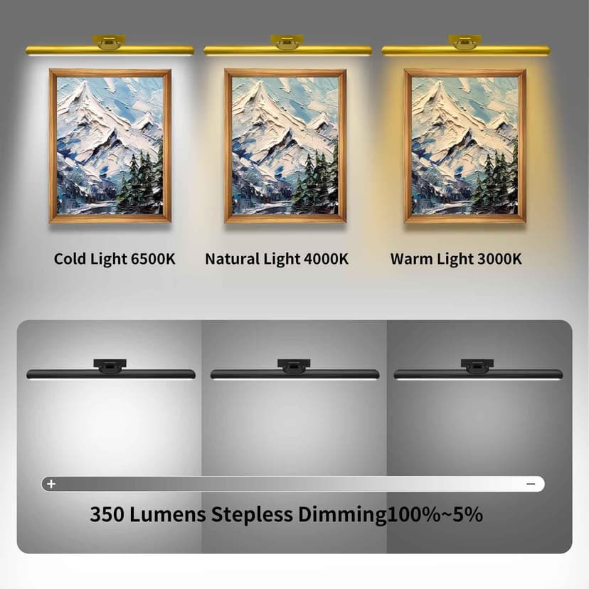 24.4" Wireless Picture Lights, Rechargeable Battery Art Display Light with Remote Control, Dimmable/Timer Off Dartboard Light, 3 Lighting Modes Full Metal Painting Display Lights (Gold-1Pack)